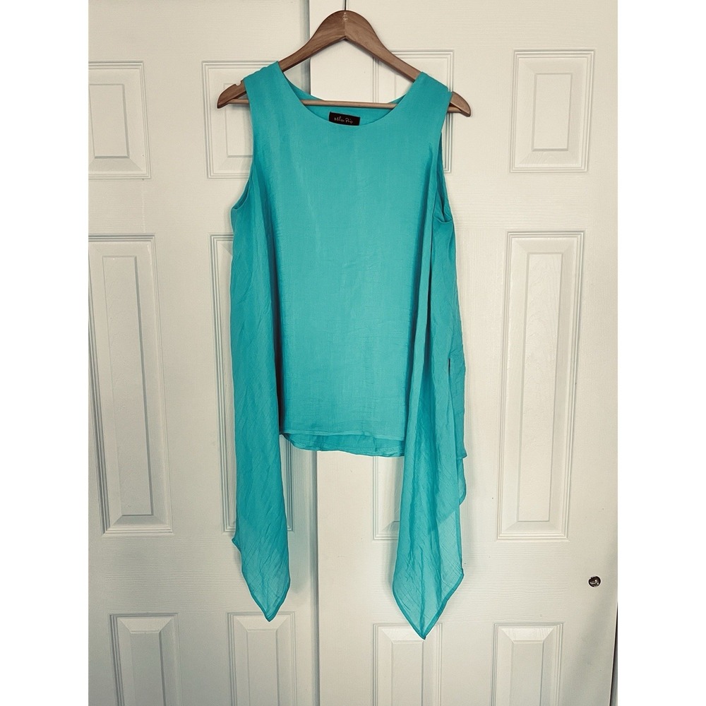 Teal aqua blue Melissa Paige top sz‎ Large linen-look asymmetrical long front